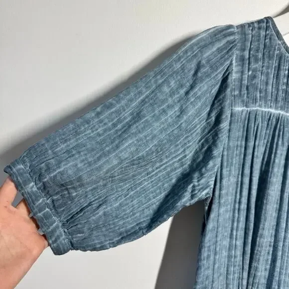 Natural Life Gauze Mini Dress Women S Blue Cotton Minimal Cottage Puff Sleeve - Picture 6 of 8